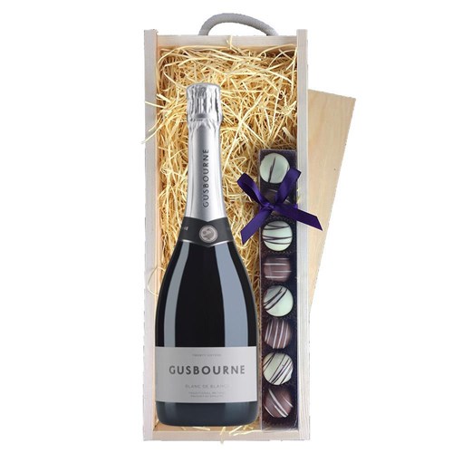 Gusbourne Blanc De Blancs ESW 75cl & Heart Truffles, Wooden Box